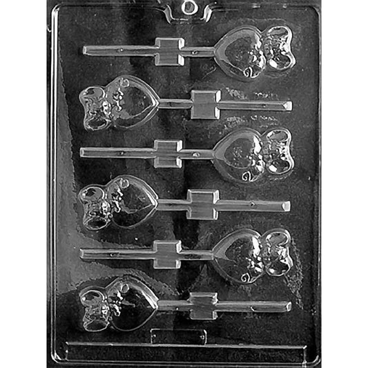 Six-cavity mouse on heart chocolate lollipop mold with 2 1/8 x 1 3/8 x 3/8-inch cavities and built-in stick channels