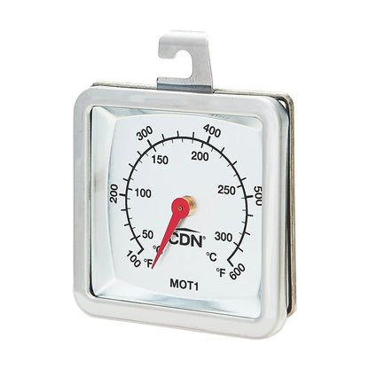 Angled view of CDN Multi-Mount Oven Thermometer showing stainless steel housing and mounting hook.