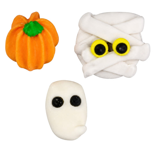 Three assorted 1/2-inch Halloween royal icing edible decorations featuring an orange pumpkin with green stem, gray mummy with bright eyes, and white ghostly face with black eyes.