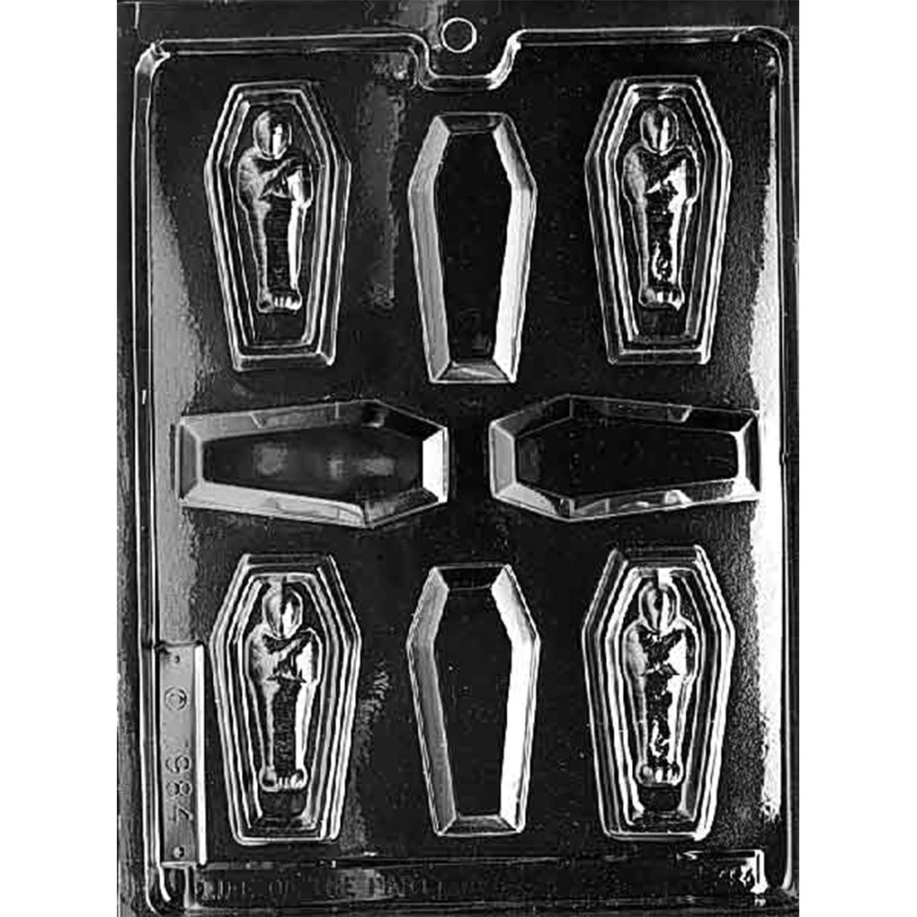 Clear plastic Mummy in Sarcophagus Chocolate Mold with four detailed mummy cavities inside coffin shapes and four matching plain lid cavities