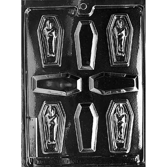 Clear plastic Mummy in Sarcophagus Chocolate Mold with four detailed mummy cavities inside coffin shapes and four matching plain lid cavities