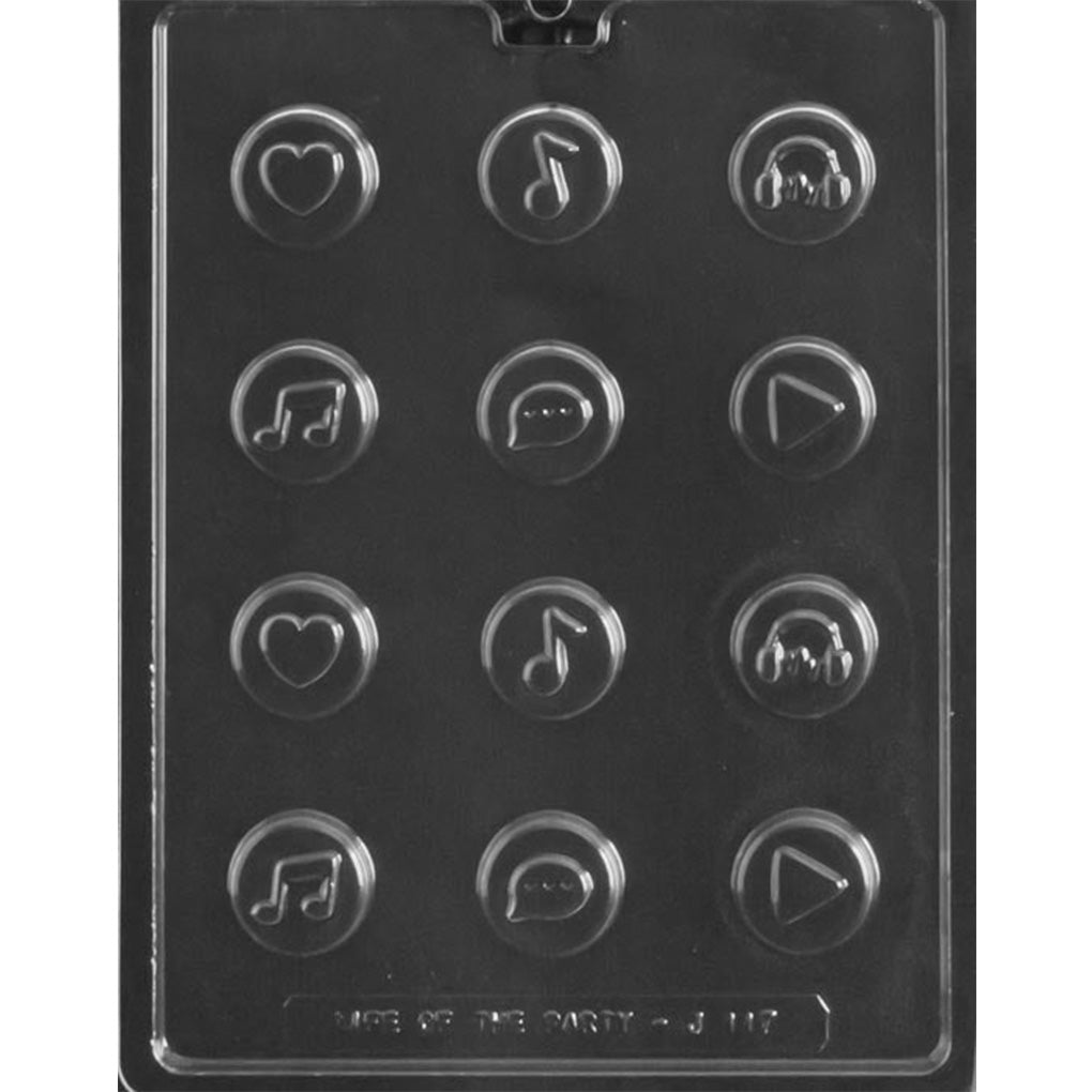 Twelve-cavity music symbol chocolate mold with round heart, music note, headphones, chat bubble, and play button topper designs