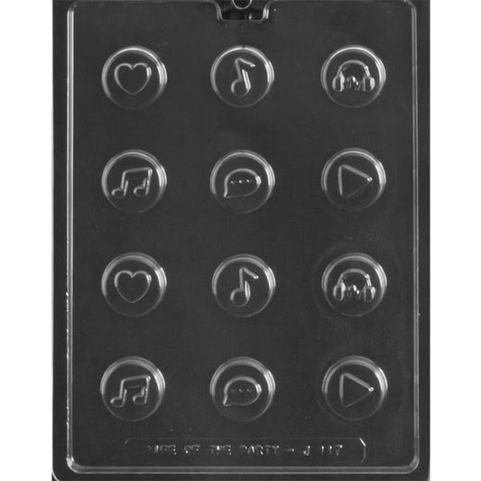 Twelve-cavity music symbol chocolate mold with round heart, music note, headphones, chat bubble, and play button topper designs