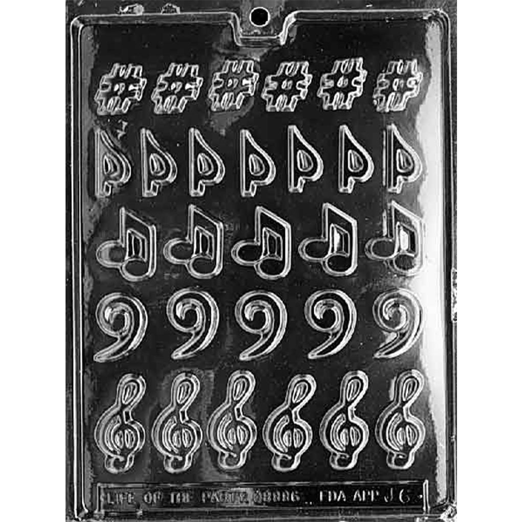 Music assortment chocolate mold with sharp signs, musical notes, bass clefs and treble clef cavities