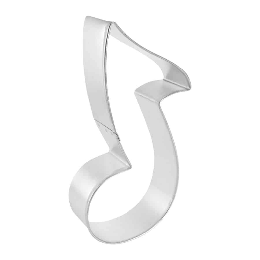 Side view of a sturdy music note cookie cutter with a sleek shape.