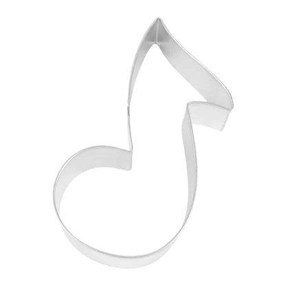 Metal music note-shaped cookie cutter with a curved design, photographed from a top-down angle.