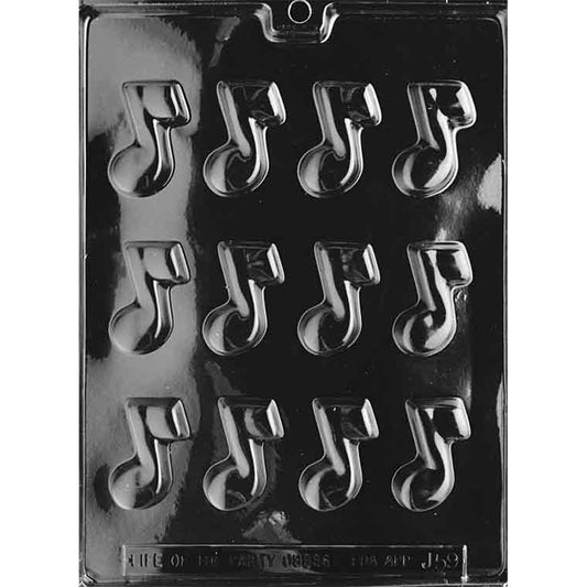 Musical notes chocolate mold with twelve 2-inch eighth-note cavities arranged in three rows of four