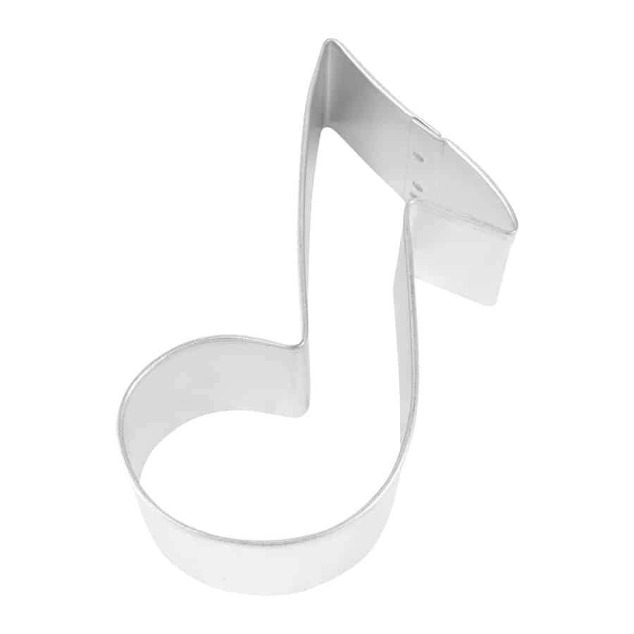 Steel cookie cutter shaped like a music note with a smooth metallic finish.