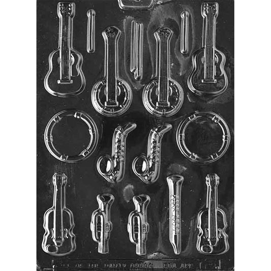 Clear plastic Musical Instruments Chocolate Mold with 16 cavities shaped like guitars, banjos, tambourines, saxophones, violins, trumpets, maracas, a pan flute, and a clarinet