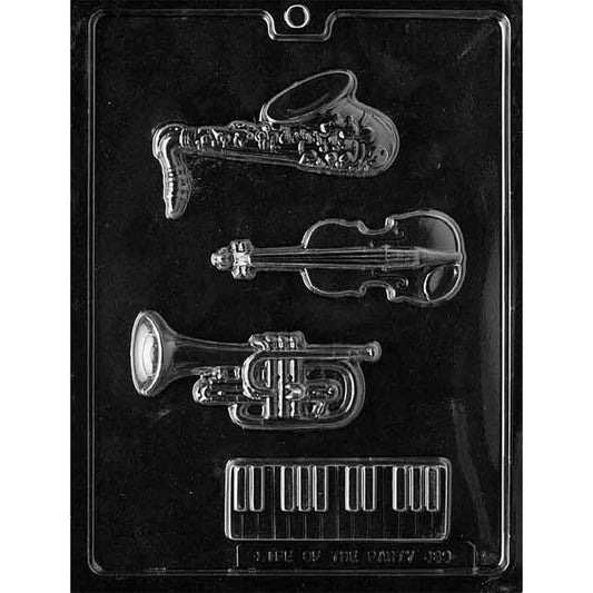 Four-cavity musical instrument chocolate mold with detailed saxophone, violin, trumpet, and keyboard designs