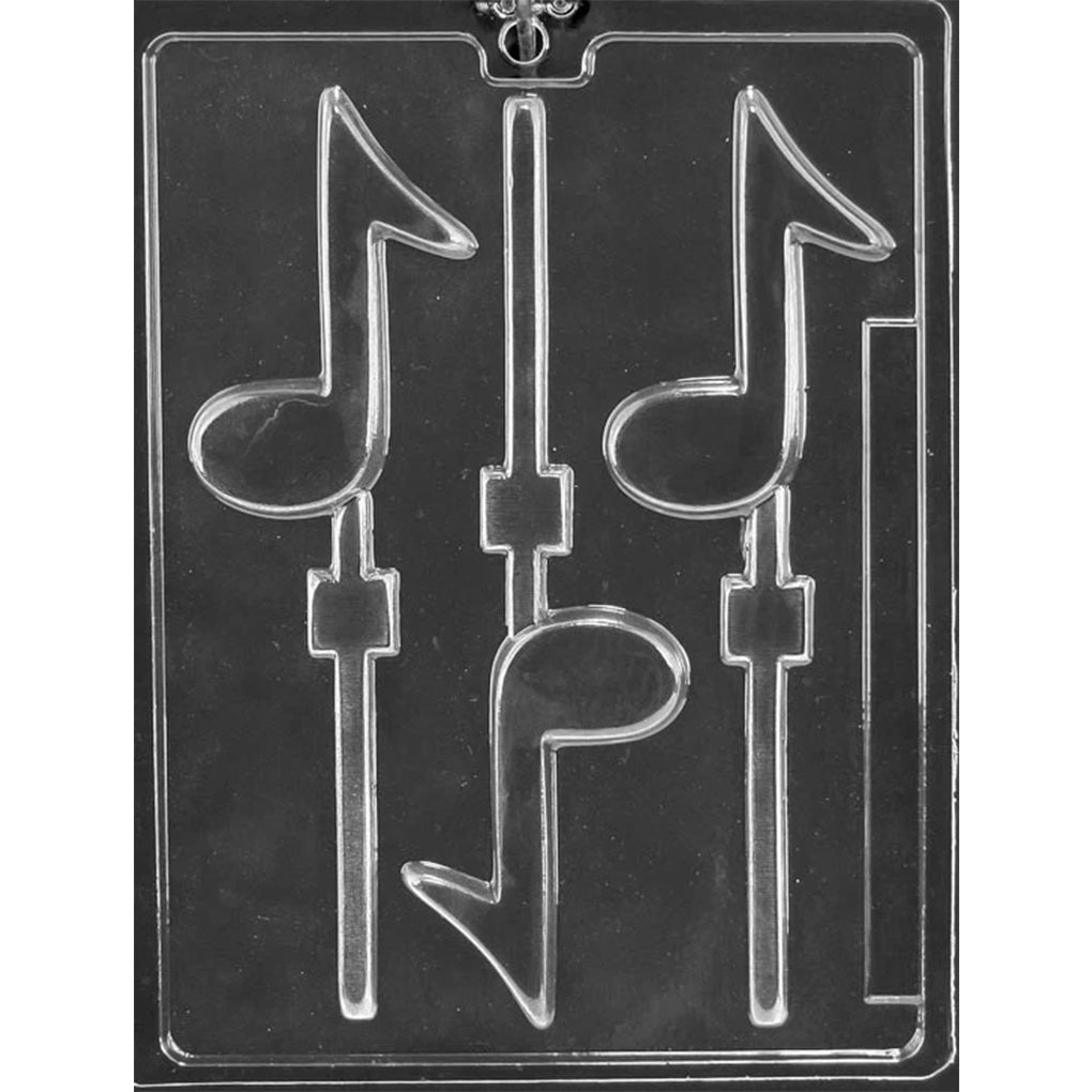 Clear plastic Musical Notes Chocolate Lollipop Mold with three large single-note cavities and built-in stick channels