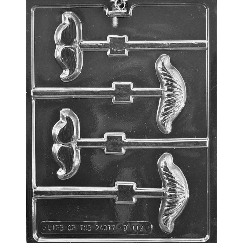 Clear plastic chocolate lollipop mold with two mustache designs and stick channels.