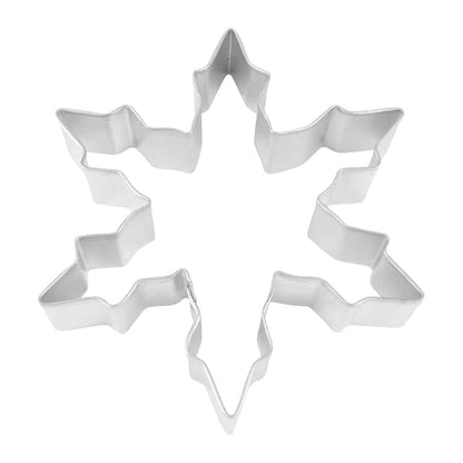 Metal narrow snowflake cookie cutter with six pointed arms and a symmetrical, angular design, ideal for winter and Christmas baking.