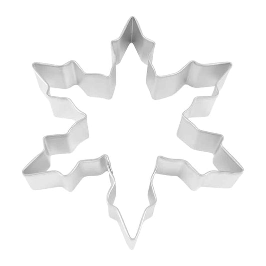 Metal narrow snowflake cookie cutter with six pointed arms and a symmetrical, angular design, ideal for winter and Christmas baking.