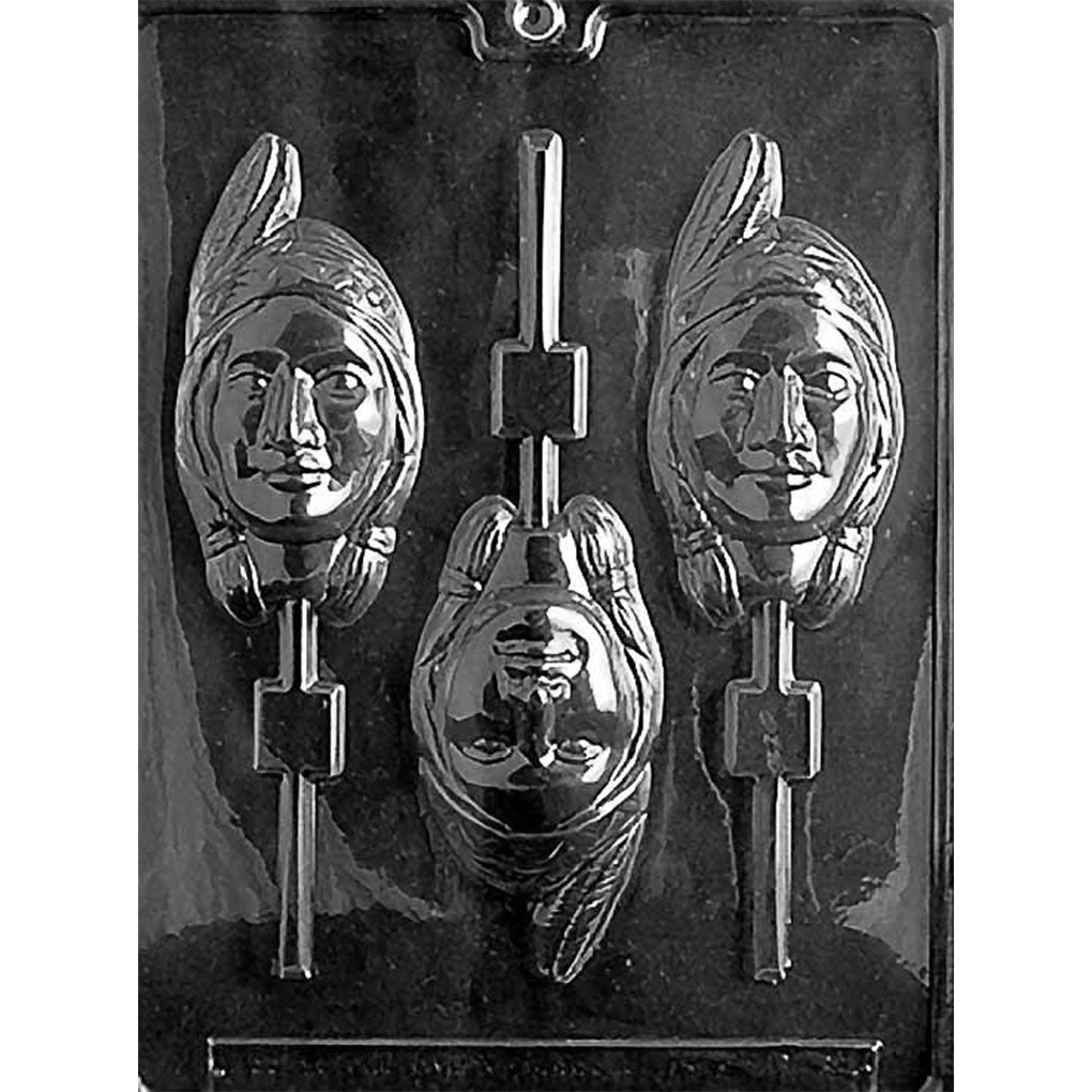 Three-cavity Native American girl chocolate lollipop mold with braided hair, feathered headbands, and stick channels