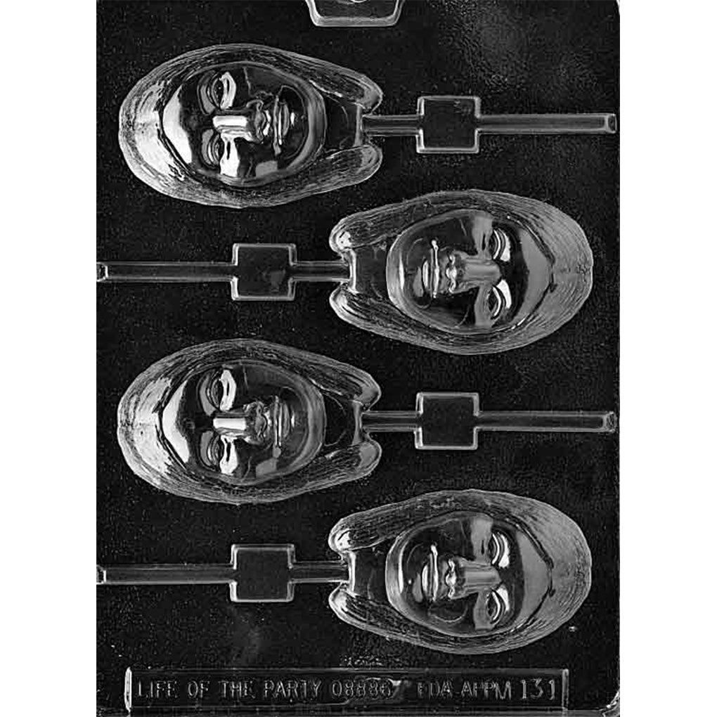 Clear plastic Native American girl chocolate lollipop mold with four 3 1/2 x 2 1/8 x 3/4-inch portrait cavities featuring long hair and raised facial details.

