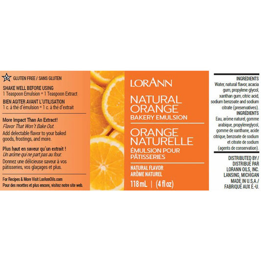 LorAnn Natural Orange Bakery Emulsion label with orange slices, 4 fl oz bottle, gluten-free with natural flavor.