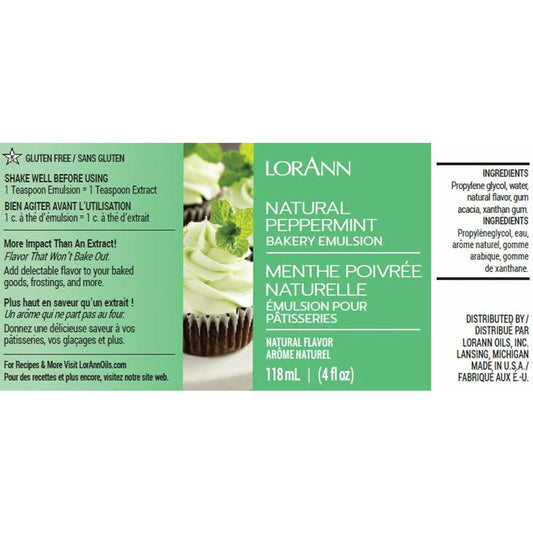 LorAnn Natural Peppermint Bakery Emulsion label showing mint cupcakes, 4 fl oz, gluten-free with natural flavor.