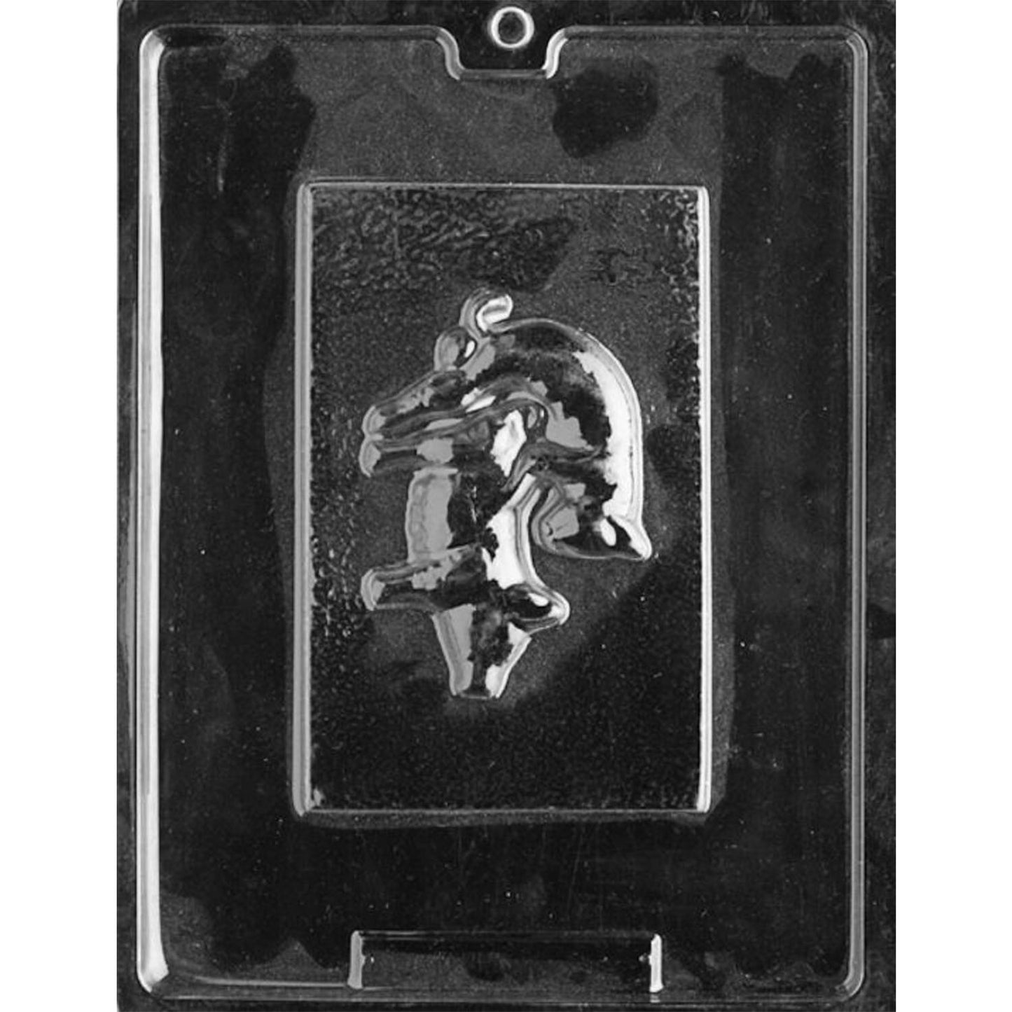 Clear Naughty Pigs chocolate mold photographed against a black background, featuring one rectangular bar cavity with two pigs in a suggestive piggyback pose.