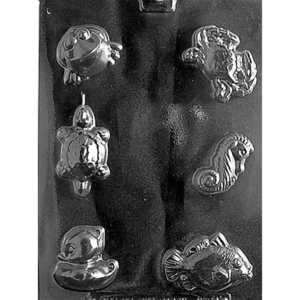 Six-cavity nautical animal chocolate mold with frog, crab, turtle, seahorse, duckling, and fish shapes measuring up to 2 5/8 inches long