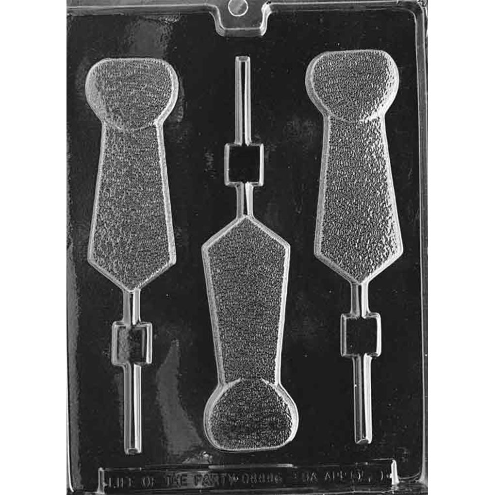 Clear plastic chocolate lollipop mold with three necktie-shaped cavities featuring a fine textured surface, shown on a dark background with built-in channels for lollipop sticks.