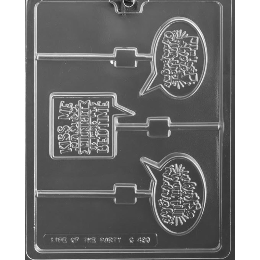 Clear chocolate lollipop mold with three speech-bubble cavities featuring playful New Year’s Eve sayings and long stick channels against a dark background.