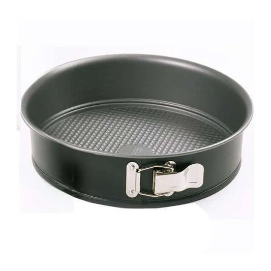 Nine inch non-stick black springform pan with silver latch.