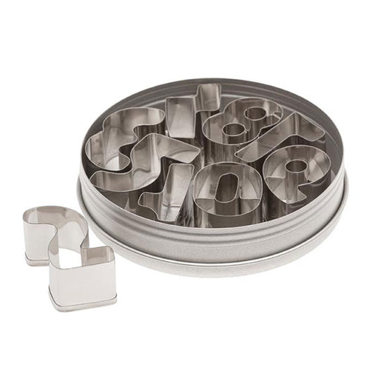 Set of nine stainless steel number cookie cutters inside a round storage tin, with one cutter placed outside.