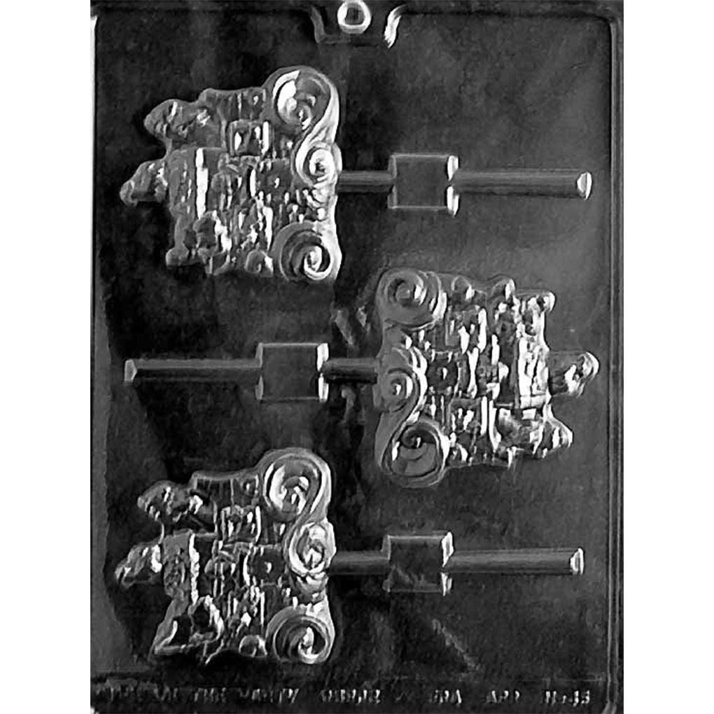 Three-cavity Noah’s Ark chocolate lollipop mold with square raised ark scenes, swirling border accents, and alternating stick channels; each cavity measures 2 7/8 x 2 7/8 x 3/8 inch.