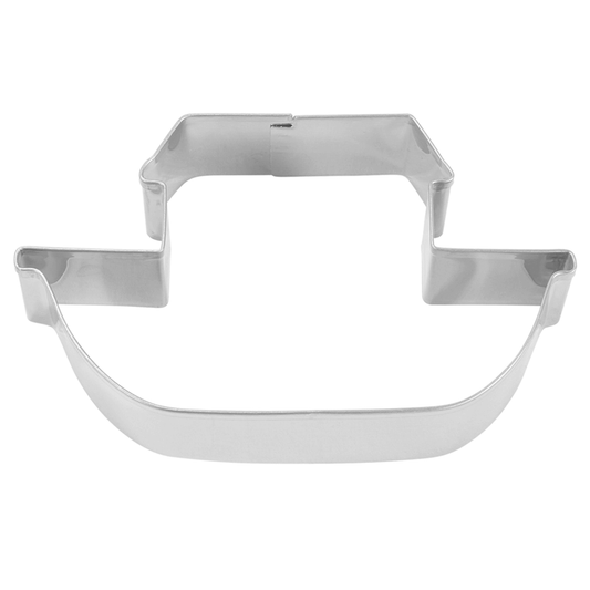 Metal Ark Cookie Cutter measuring 3.75 inches wide, shaped like a boat with a curved bottom and a raised top deck.