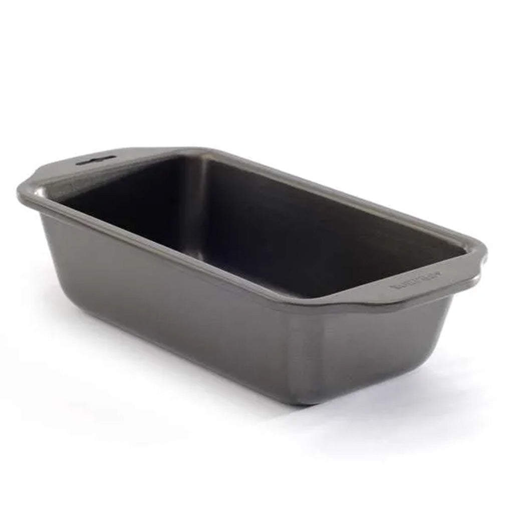Gray nonstick 9 x 5-inch loaf pan shown at an angle on a white background