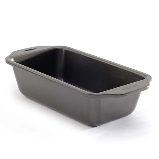 Gray nonstick 9 x 5-inch loaf pan shown at an angle on a white background