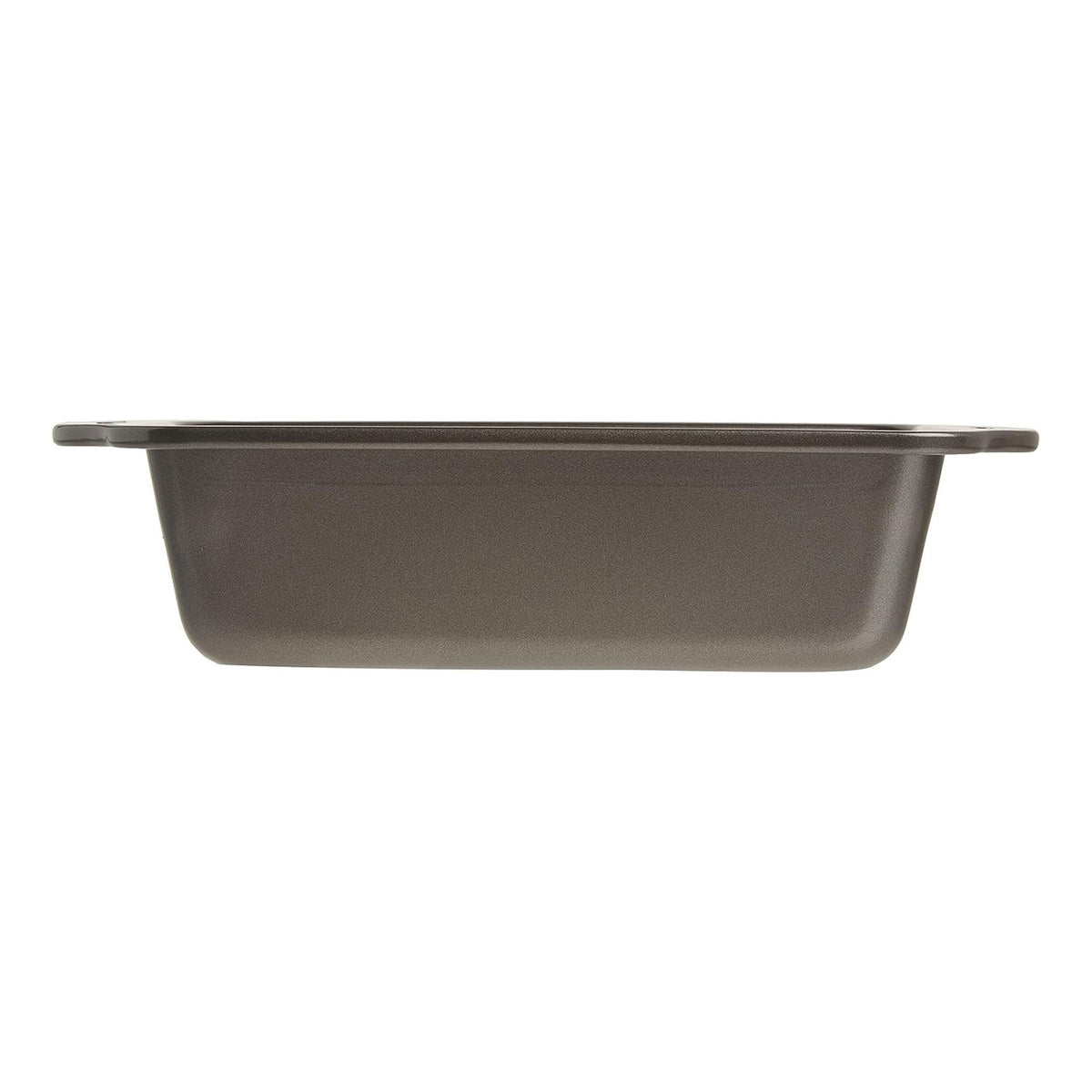 Side view of a 9 x 5-inch nonstick loaf pan showing its 2 3/4-inch depth and wide rim