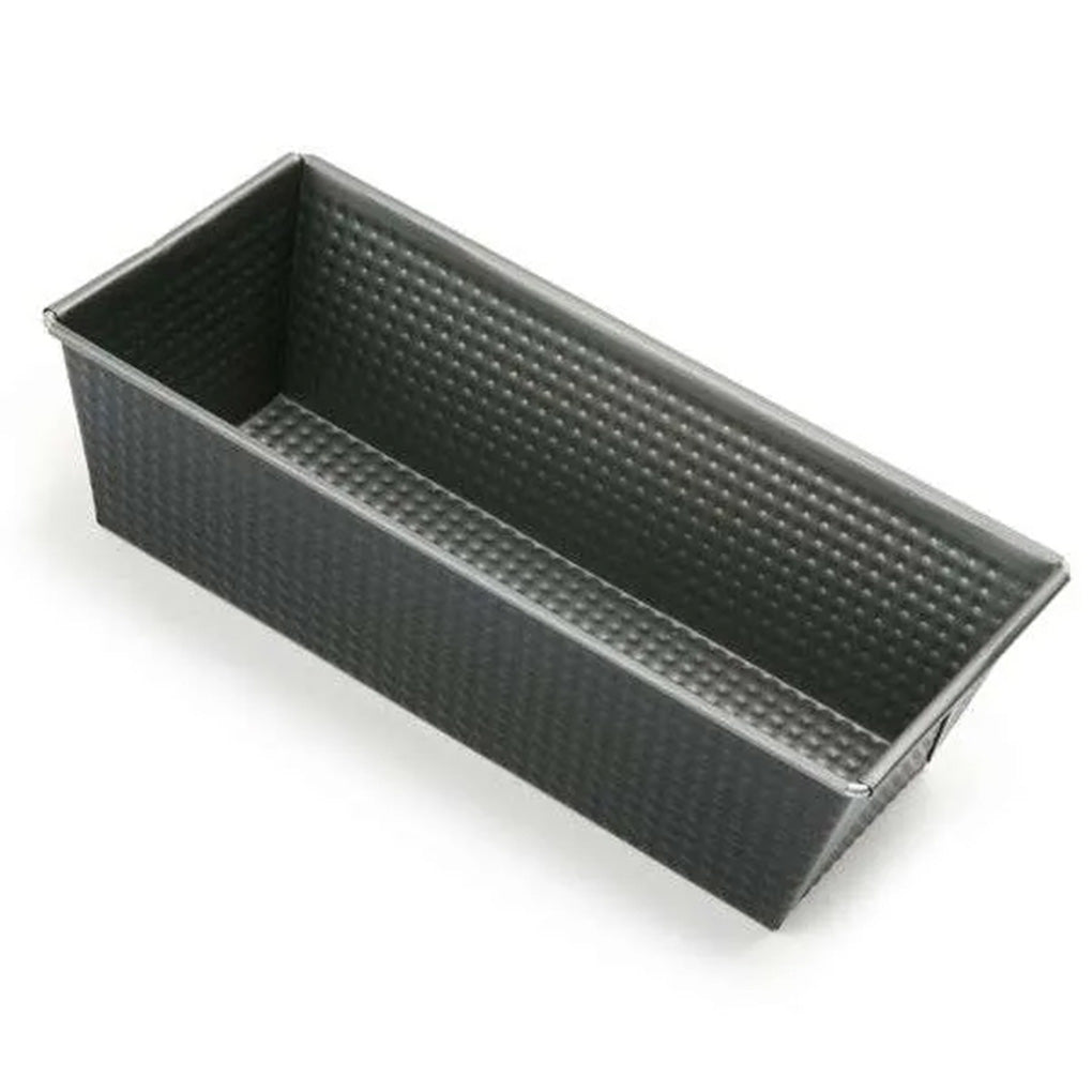 Dark gray 10-inch nonstick loaf pan with a corrugated, dimpled texture on the sides and bottom, photographed empty on a white background.