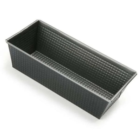 Dark gray 10-inch nonstick loaf pan with a corrugated, dimpled texture on the sides and bottom, photographed empty on a white background.