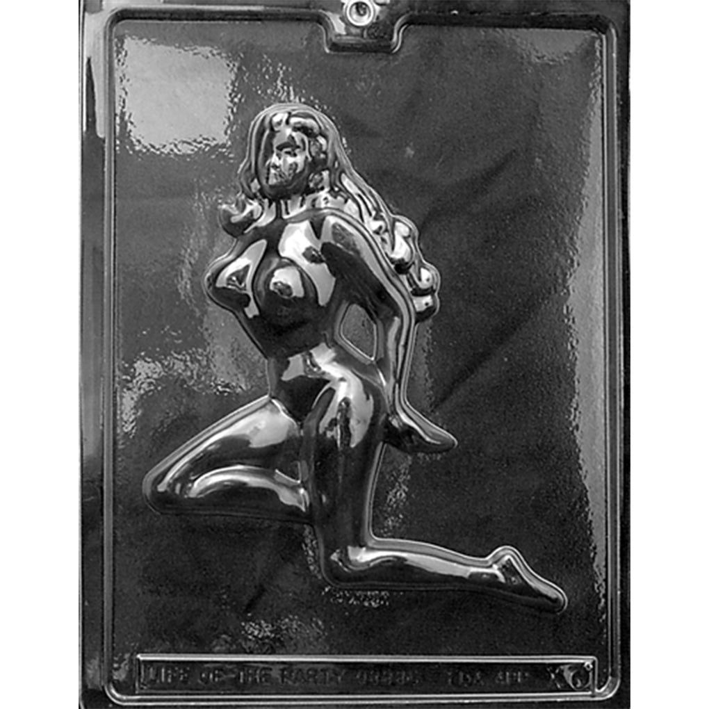 Clear Nude Lady Chocolate Mold photographed against a dark background, showing one large cavity of a kneeling nude woman with long flowing hair in a pin-up style pose.