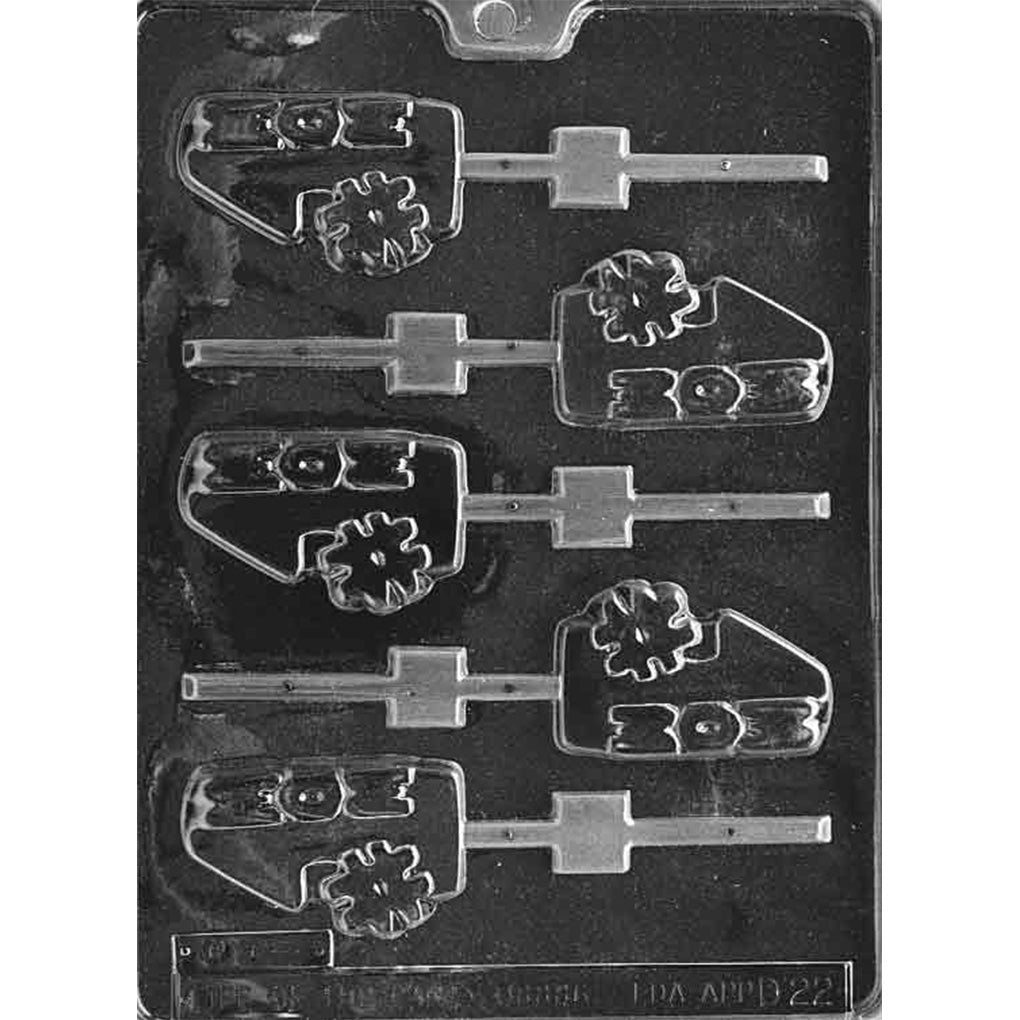 Clear plastic chocolate lollipop mold with six cavities shaped like wedge-style plaques featuring “#1 MOM” lettering and built-in stick channels.