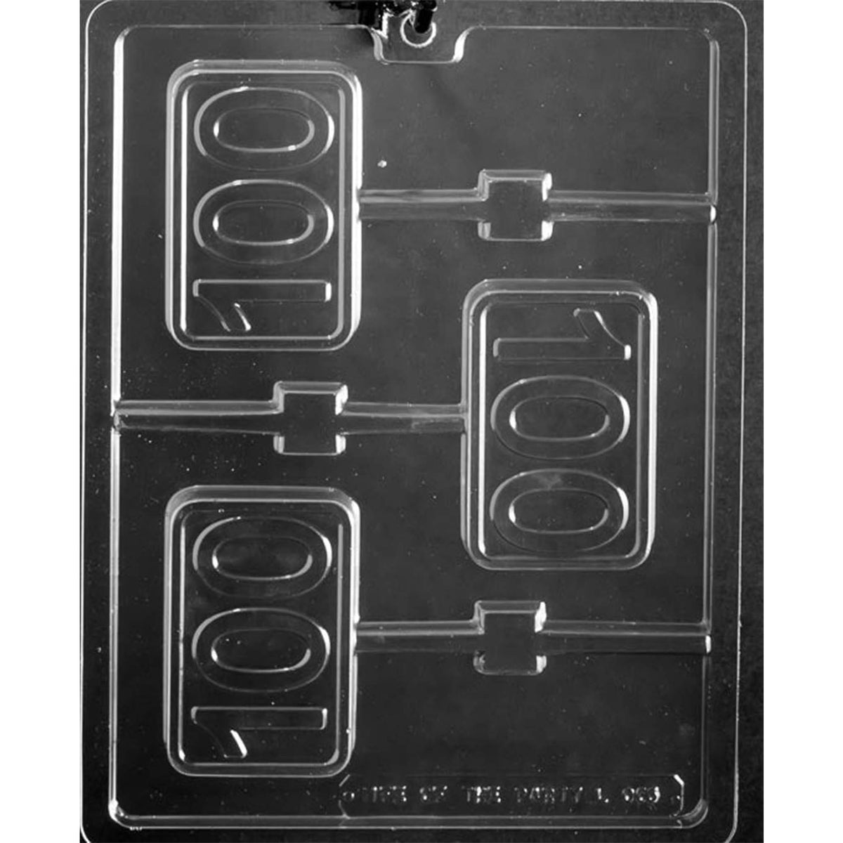 Number 100 chocolate lollipop mold with three rectangular cavities, raised numerals, framed borders, and stick channels, measuring 3 3/8 x 2 1/4 inches