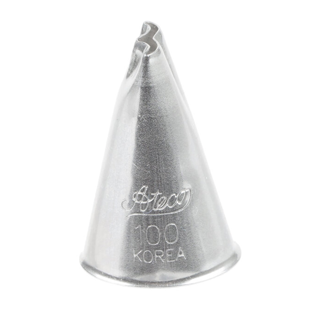 Close-up of the Ateco 100 Ruffle Piping Tip, a stainless steel decorating tip with a curved, V-shaped opening designed for creating ruffles and textured icing effects.