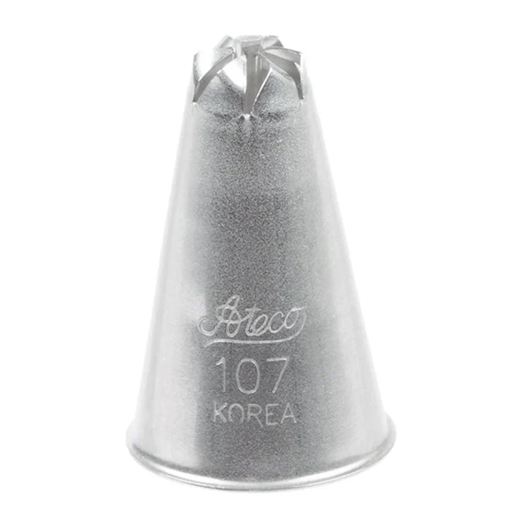 Ateco 107 drop flower piping tip with a 0.3-inch opening and center bar, engraved with Ateco branding, shown upright against a white background.