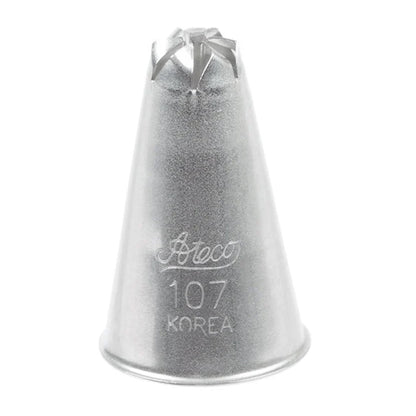 Ateco 107 drop flower piping tip with a 0.3-inch opening and center bar, engraved with Ateco branding, shown upright against a white background.