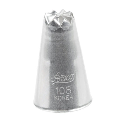 Close-up of the Ateco 108 Drop Flower Piping Tip, featuring a small star-shaped opening designed for piping compact buttercream flowers and decorative accents.