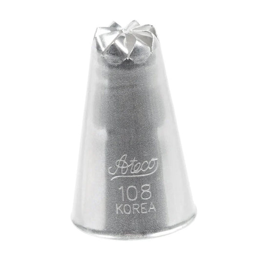 Close-up of the Ateco 108 Drop Flower Piping Tip, featuring a small star-shaped opening designed for piping compact buttercream flowers and decorative accents.