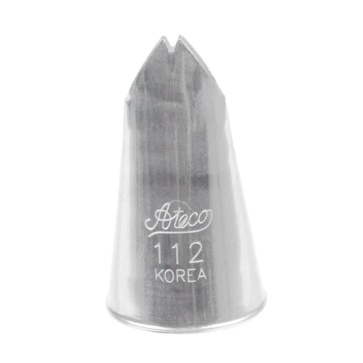Ateco 112 leaf piping tip with a notched V-shaped opening designed for piping leaves, shown upright on a white background with engraved branding.