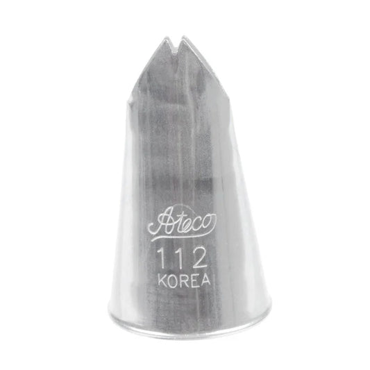 Ateco 112 leaf piping tip with a notched V-shaped opening designed for piping leaves, shown upright on a white background with engraved branding.