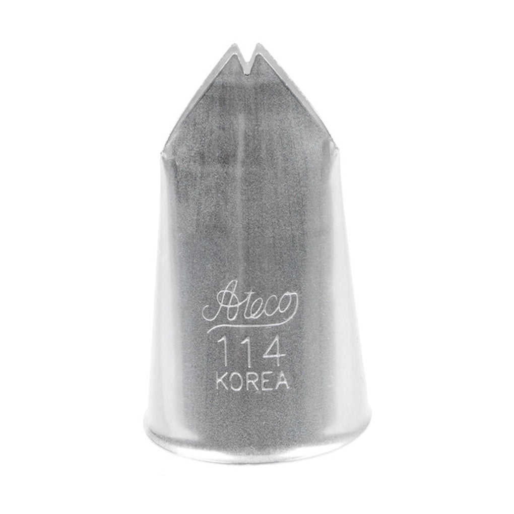 Close-up of the Ateco 114 Leaf Piping Tip with a wide v-cut opening, designed for piping ruffled or upright buttercream leaves on cakes and pastries.