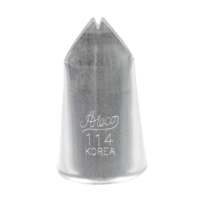 Close-up of the Ateco 114 Leaf Piping Tip with a wide v-cut opening, designed for piping ruffled or upright buttercream leaves on cakes and pastries.