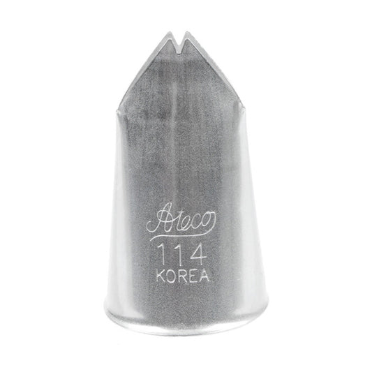 Close-up of the Ateco 114 Leaf Piping Tip with a wide v-cut opening, designed for piping ruffled or upright buttercream leaves on cakes and pastries.