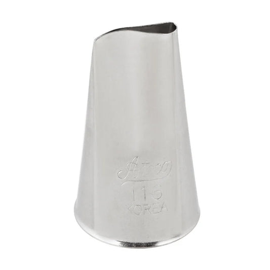 Ateco 116 rose piping tip with a 0.6-inch petal-shaped opening, engraved with Ateco branding, shown upright against a white background.