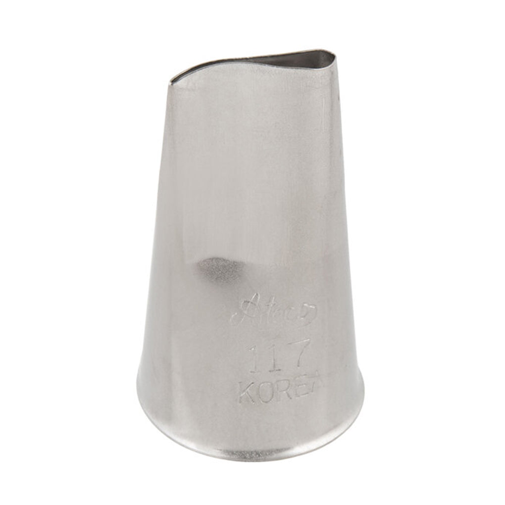 Close-up of a stainless steel Ateco 117 rose piping tip, cone-shaped with a wide teardrop-like angled opening for creating petals.